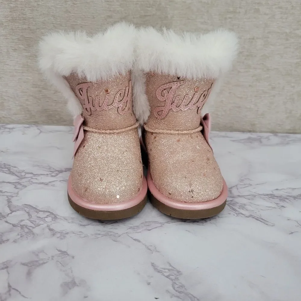 Juicy Couture Lil Windsor Blush Glitter Girls Pink Sparkly Faux Fur Boots Size 5